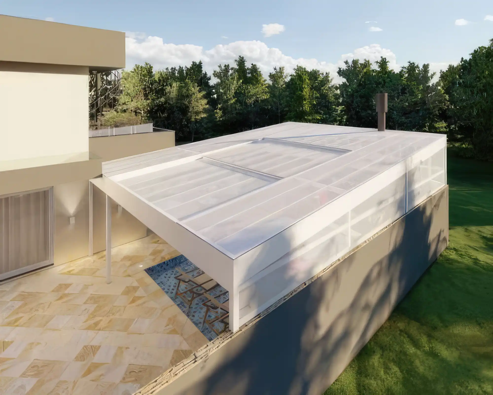 Detalhe de cobertura elegante em policarbonato